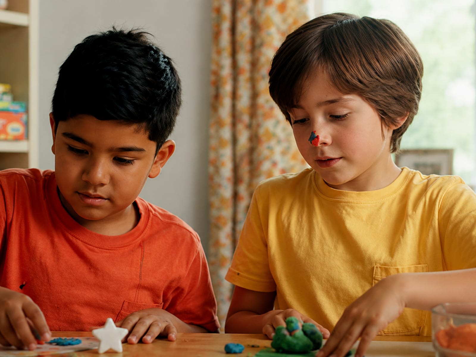 Two boys at a table shaping coloured modelling clay, one lifting a green piece and the other pressing out a blue star