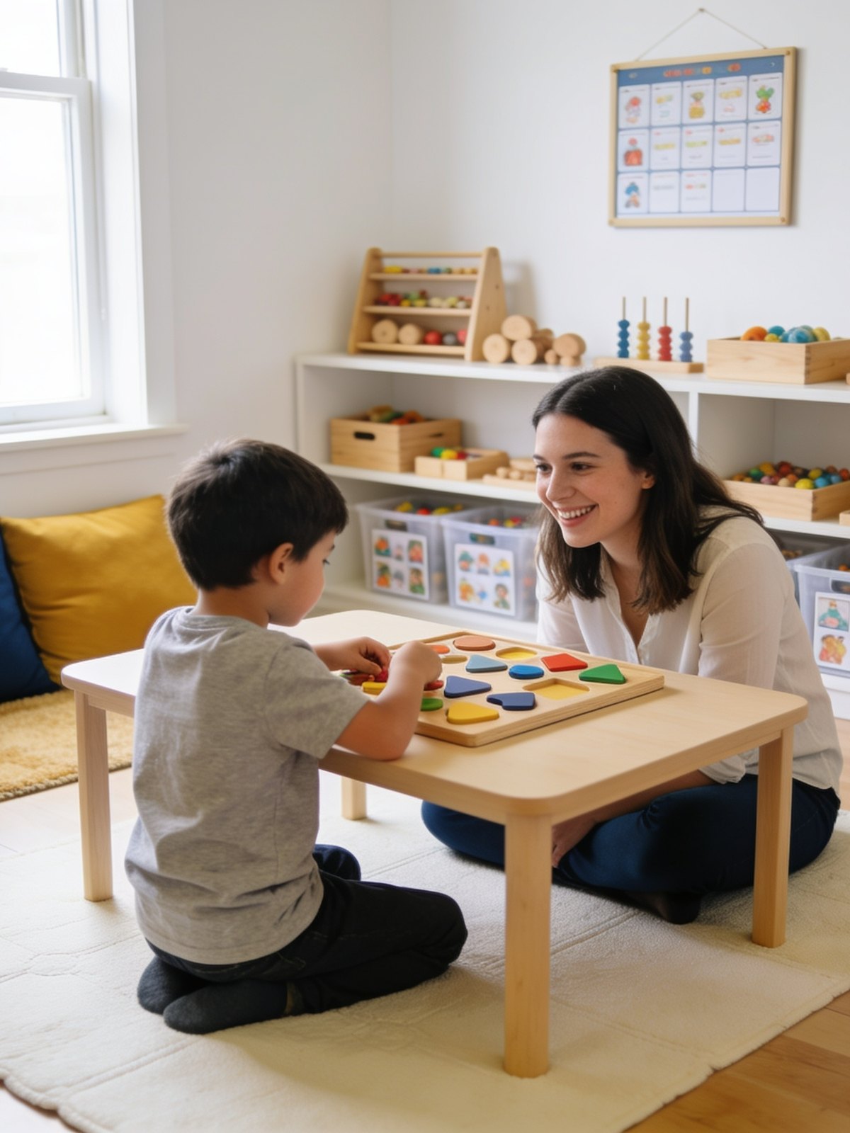 A therapist sitting on the floor of a bright playroom, smiling across a low table at a boy fitting shapes into a wooden board