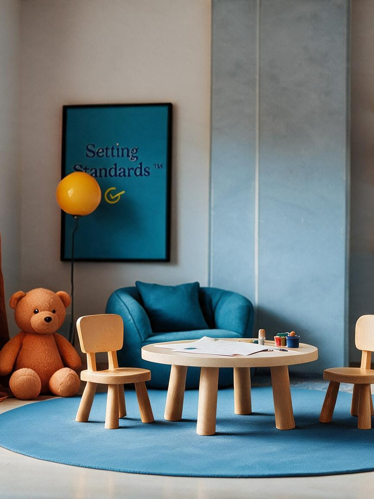 An empty therapy room set up for a session, with a low table, small chairs and a Setting Standards poster on the wall