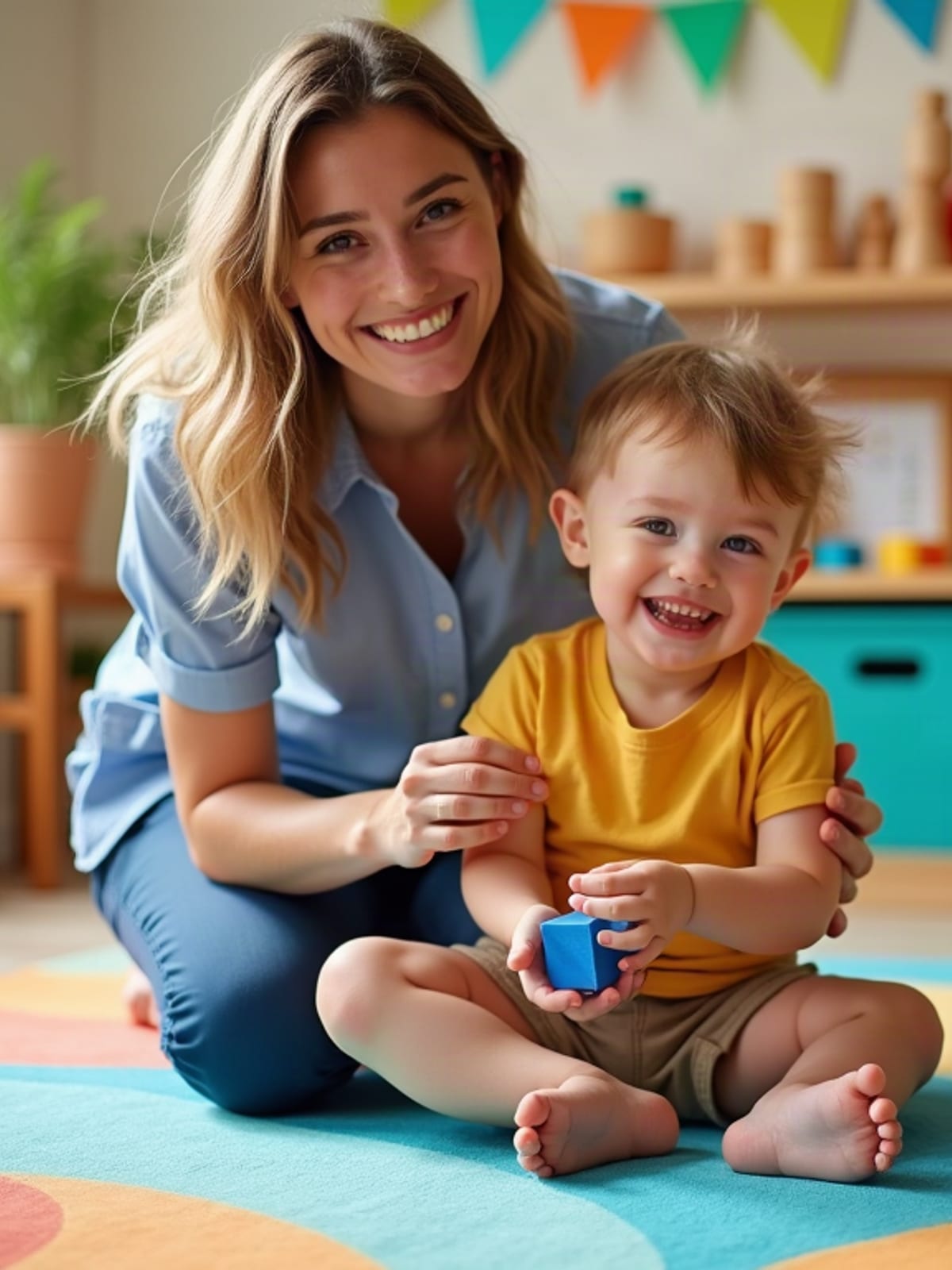 A smiling woman kneeling on a bright playroom rug beside a laughing toddler who is holding up a blue wooden block